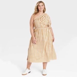 Who What Wear Golden Gingham Plaid Puff Sleeve One-Shoulder Cut-Out Dress